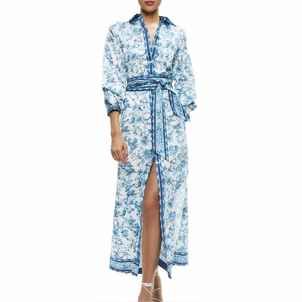 Alice + Olivia Tanika Je L'adore Spring Sky Maxi Shirt Dress Blue Floral Belt M